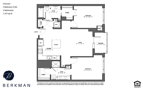 Floor plan for 2 beds, 2 baths, 1107 sqft
